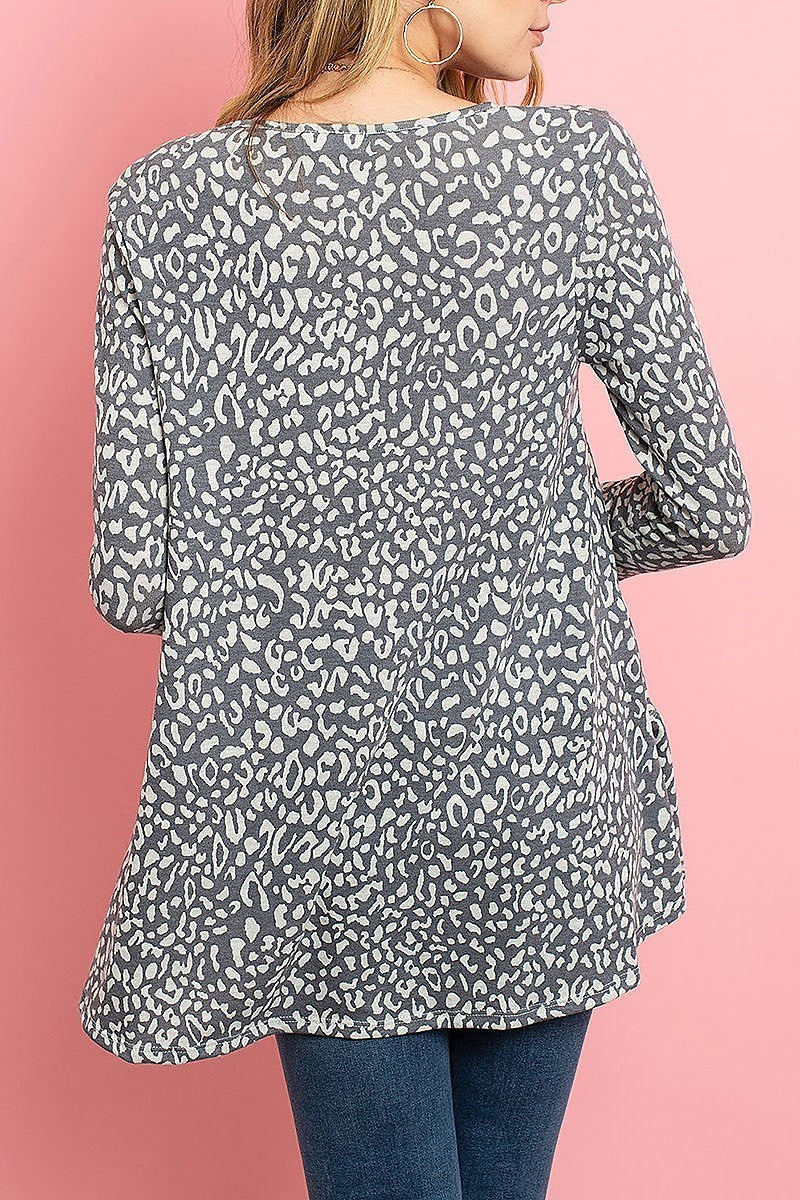 Long sleeved ruffle detail hem leopard tunic (ED8168-1)