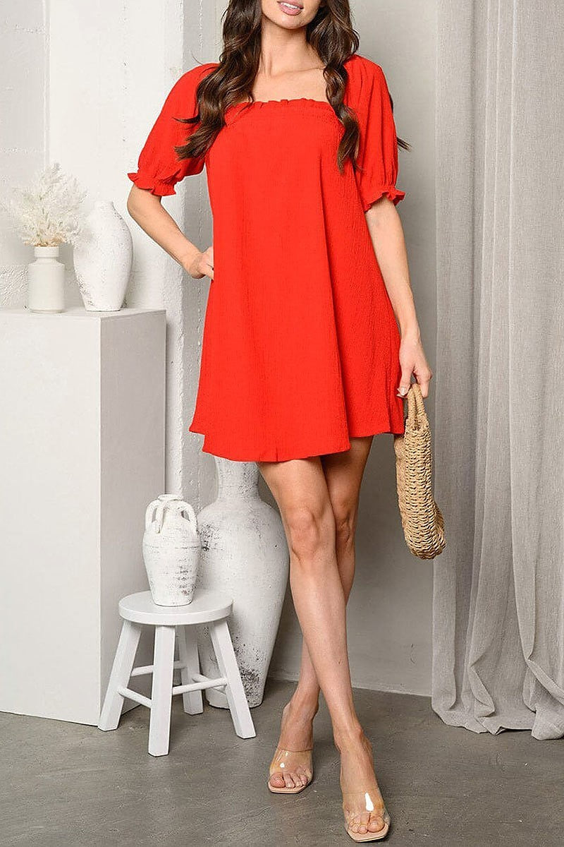 Short puff sleeve square neck tunic mini dress (EDWT9527)