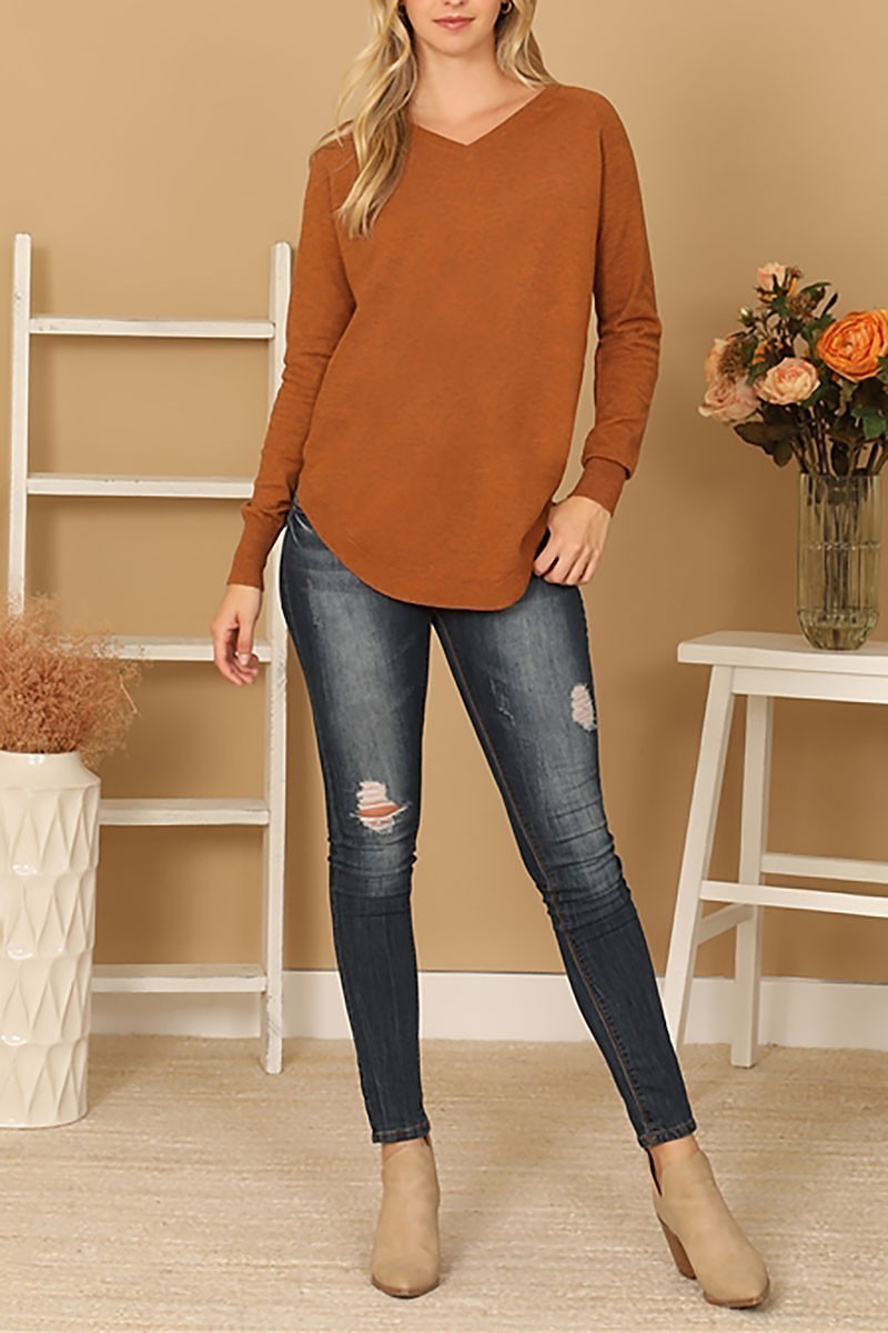 V-neck long sleeve curve hem sweater (DGS6680)