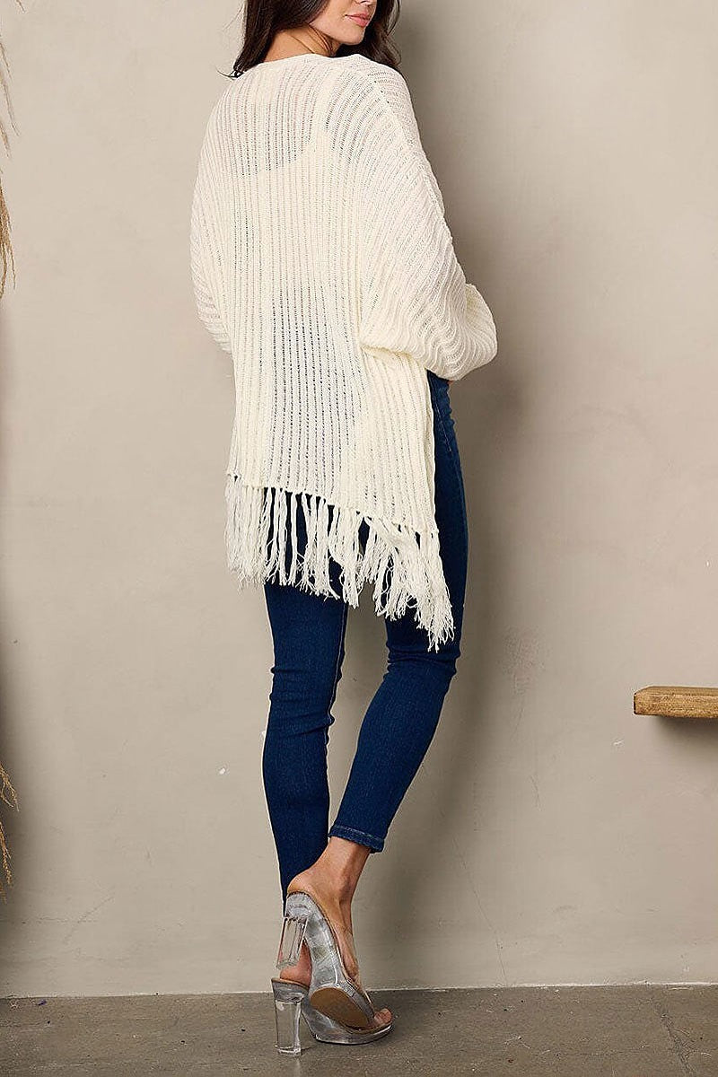 Long sleeve open front fringe cardigan (EFWT1921)