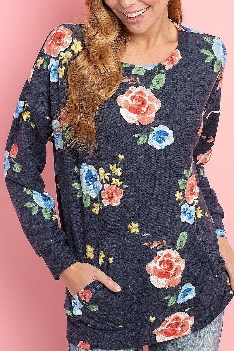 Floral long sleeves pullover with kangaroo pocket (ED8486)