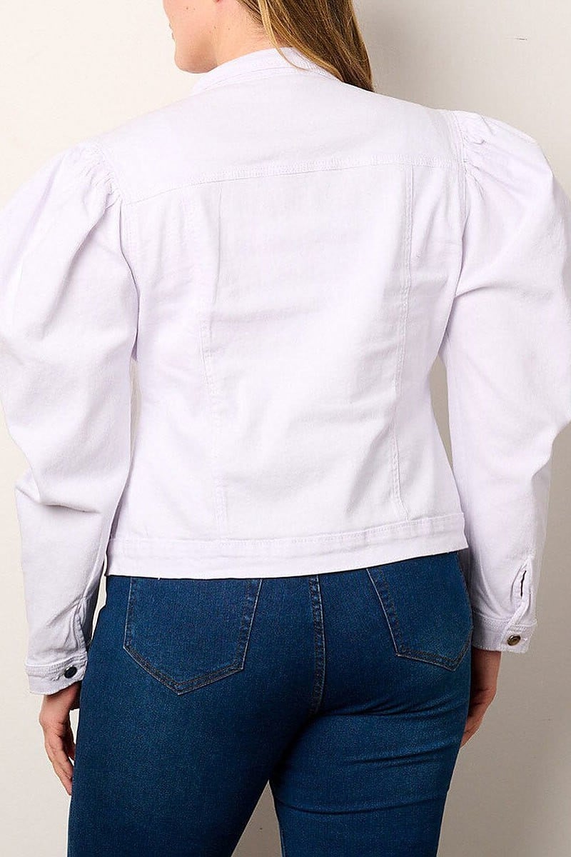 Long puff sleeve button closure denim jacket (EFWT9035)