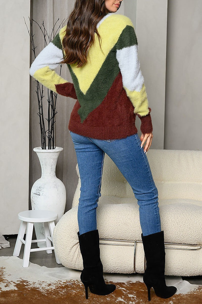 Long sleeve chevron fuzzy colorblock sweater (EDWT7323)