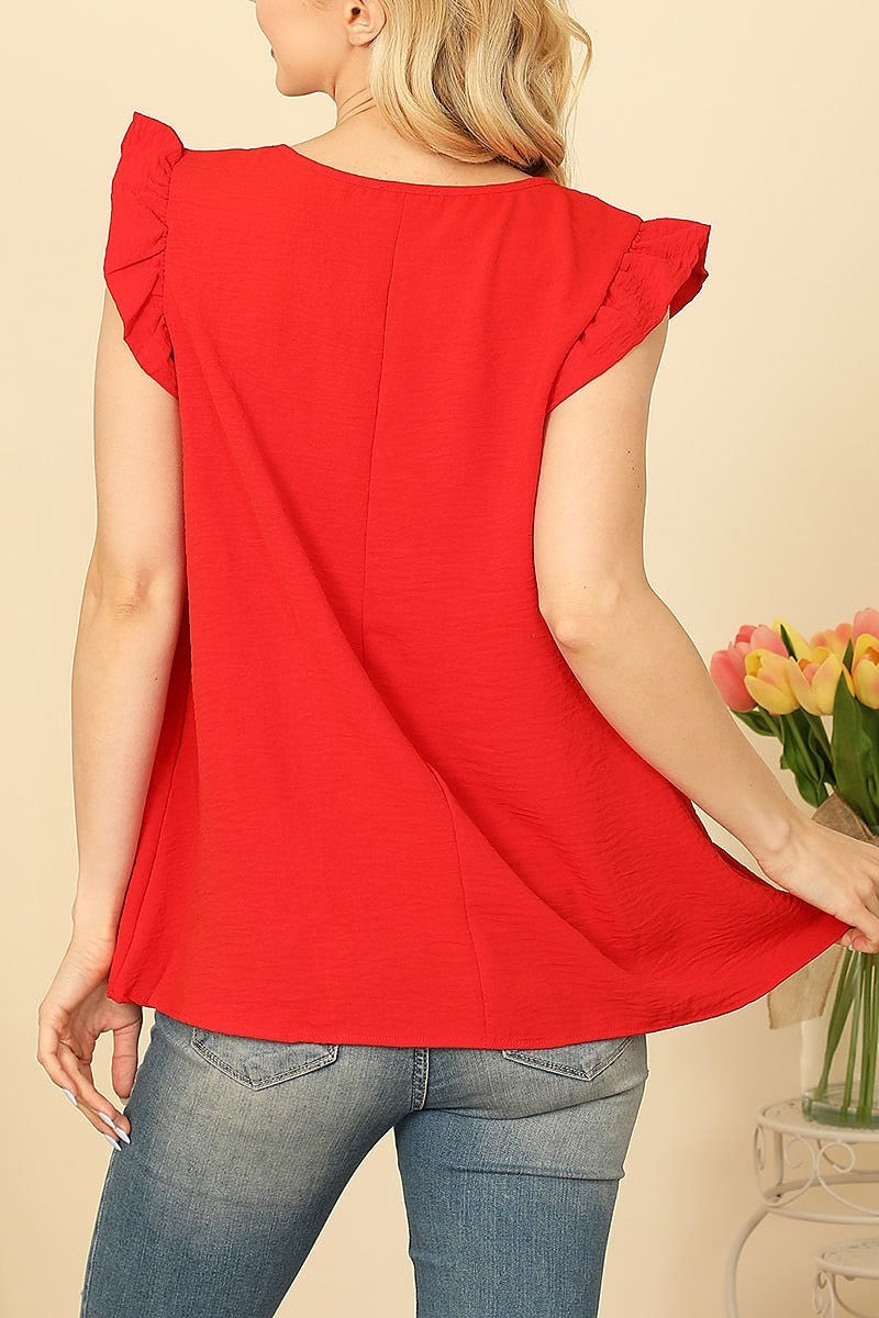 Ruffle sleeve round neck solid top (EF7471)