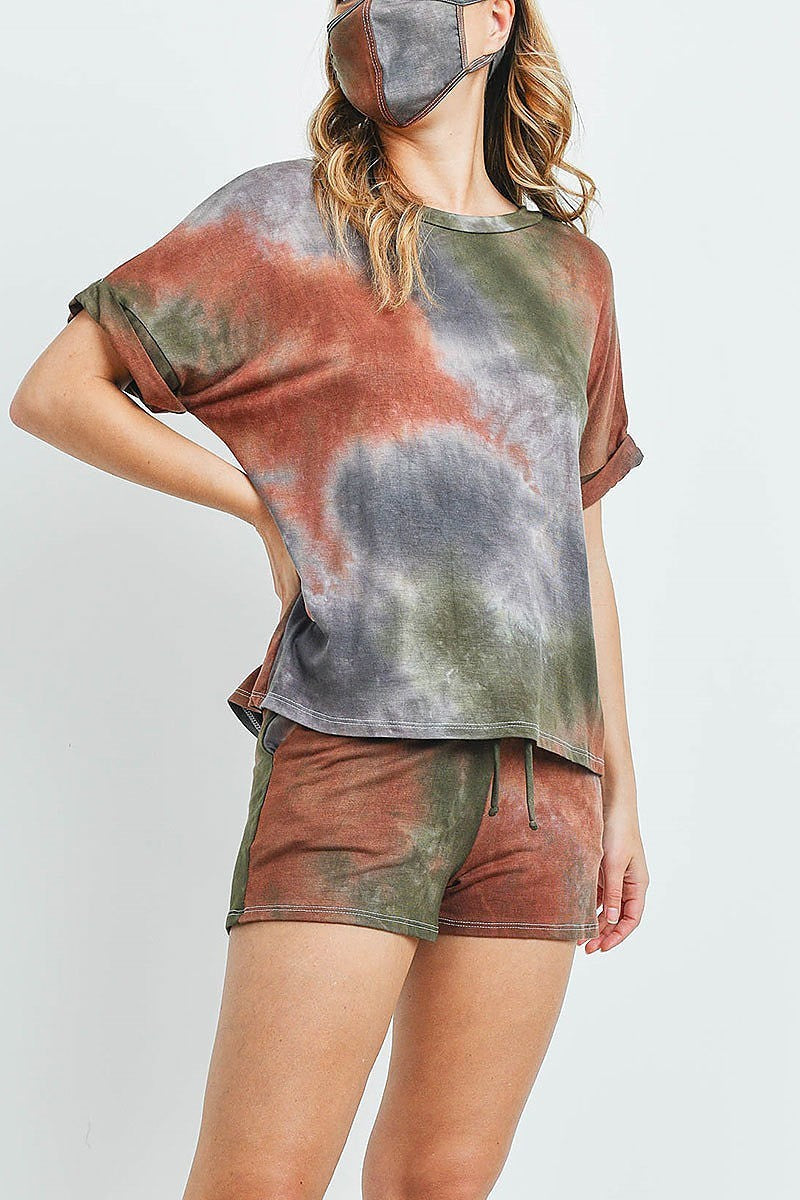 Tie dye roll up sleeve top and short set (ED9188-1)