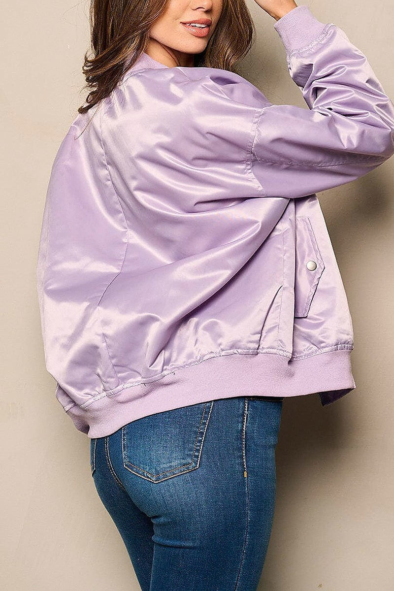 Long sleeve zip up pockets satin bomber jacket (EFWT4941)