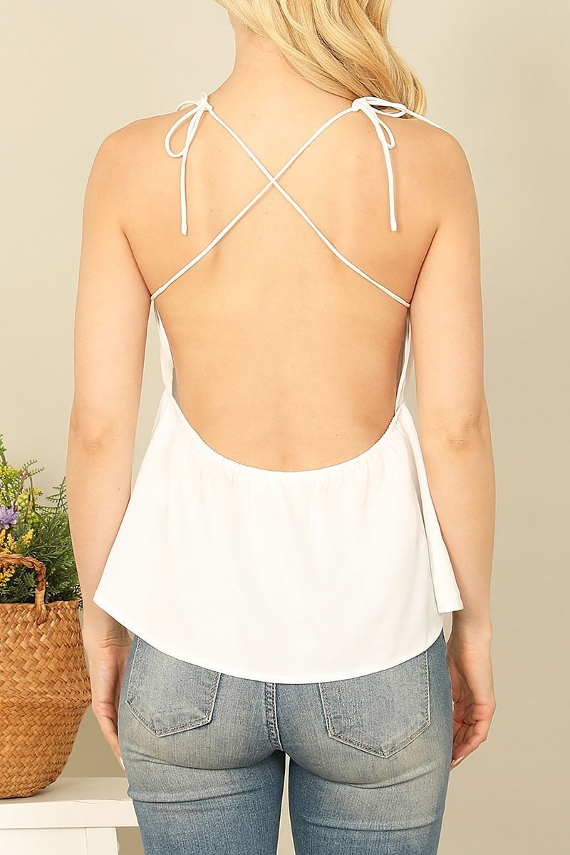 Spaghetti strap cross back waist tie solid top (EF7573)