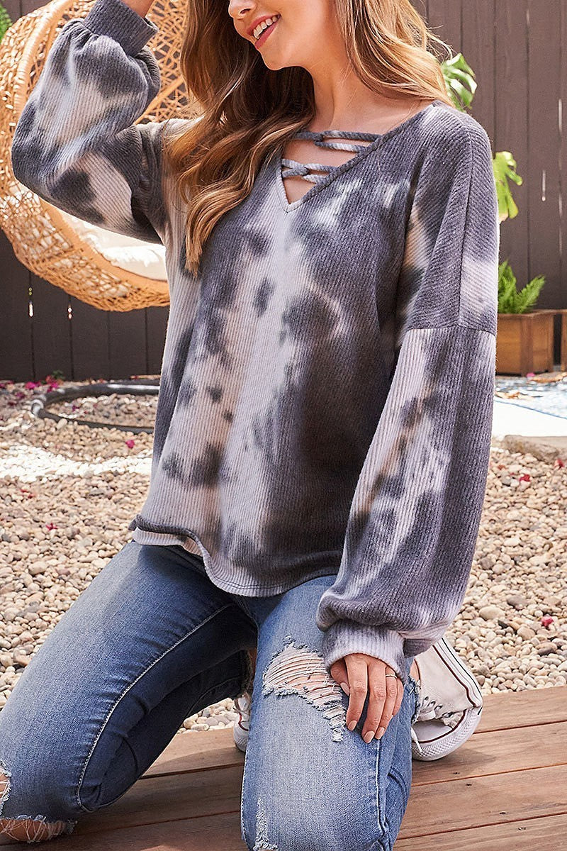 V neck chain strap long sleeve rib tie dye (EF2004)