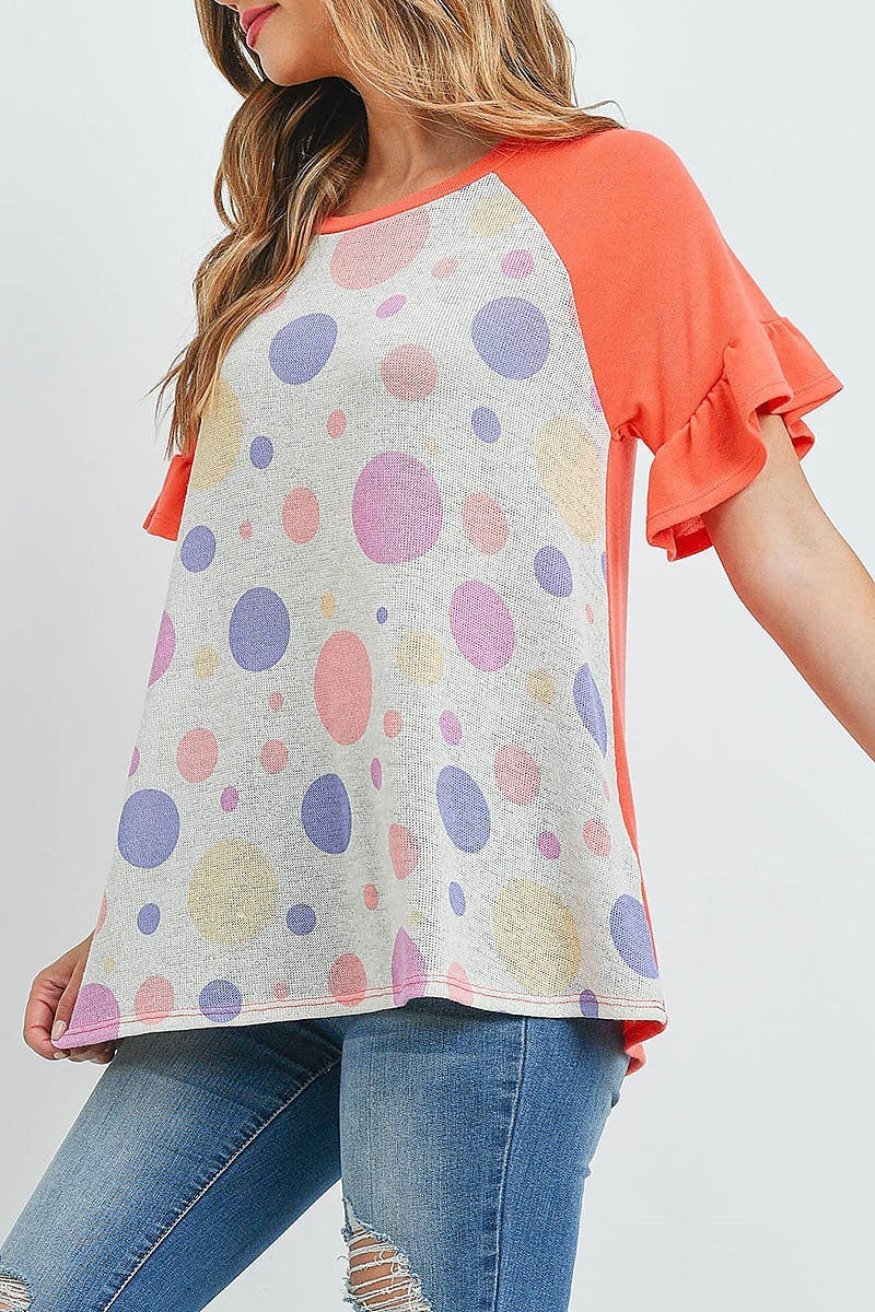 Ruffle raglan sleeves multi color polka dot top (ED9645)