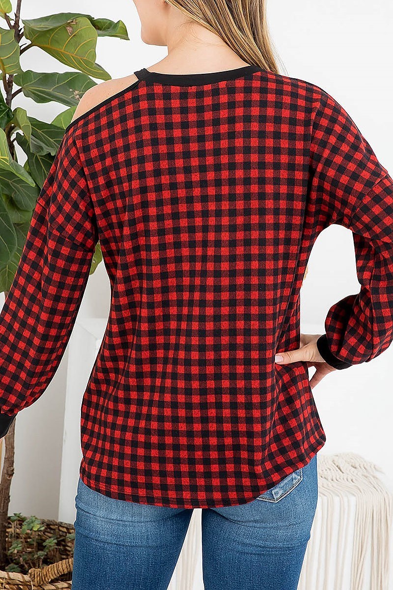 Plaid long sleeve cold shoulder top (EF2757)