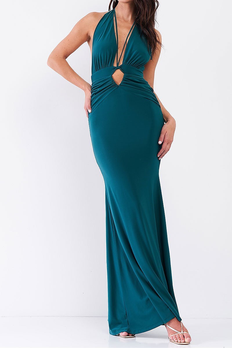 Halter neck front cutout detail ruched open back maxi dress (TDG7762-3)