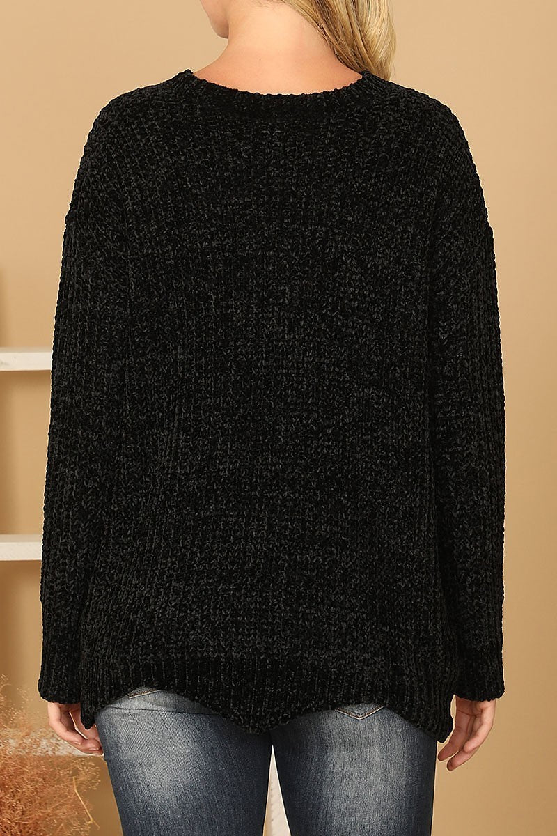 Round neck curved hem knit sweater (DGS6701-2)