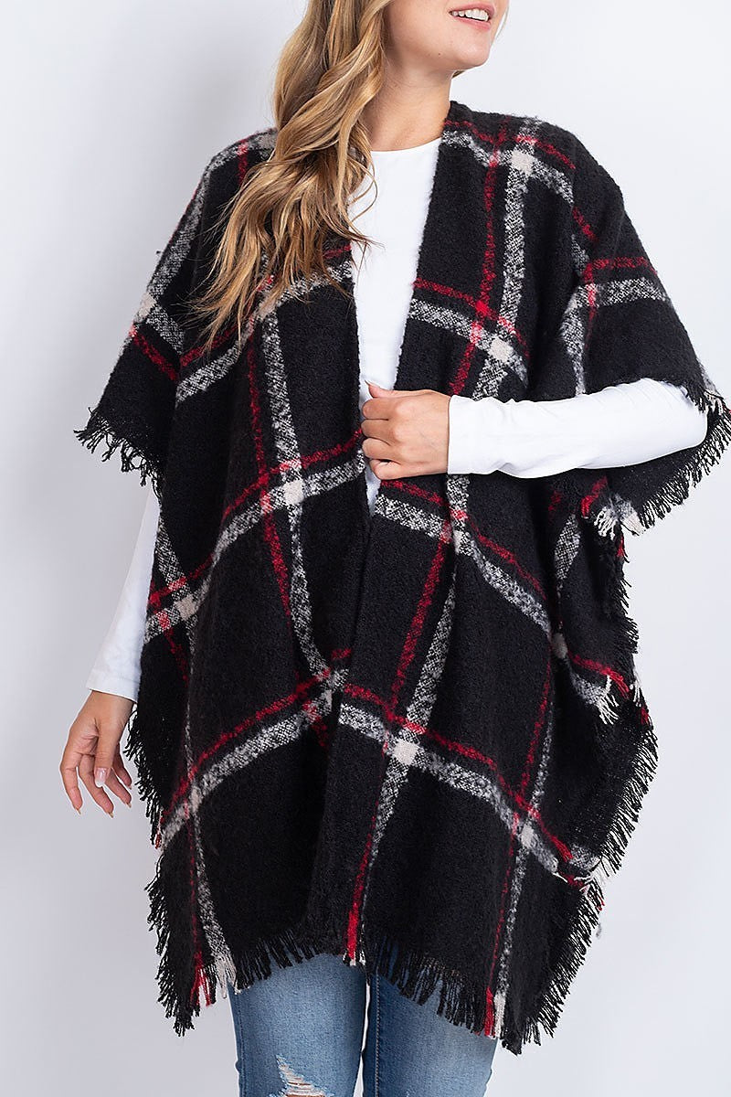 Plaid open front fringe kimono (DGS5408)