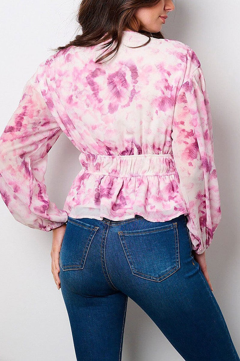 Long sleeve v-neck peplum tie dye blouse top (EFWT9124)