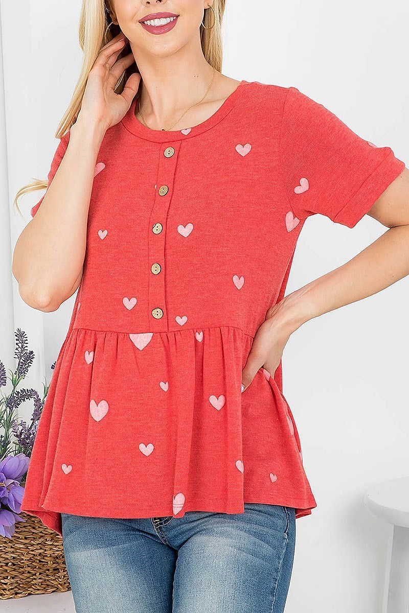 Heart print button trimmed baby doll top (EF4149)