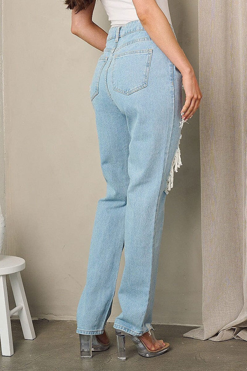 Button closure distressed denim jeans pants (EFWT2298)