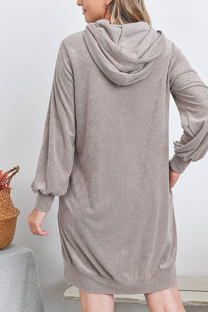 Puff sleeve hoodie dress with self tie (DED7129)