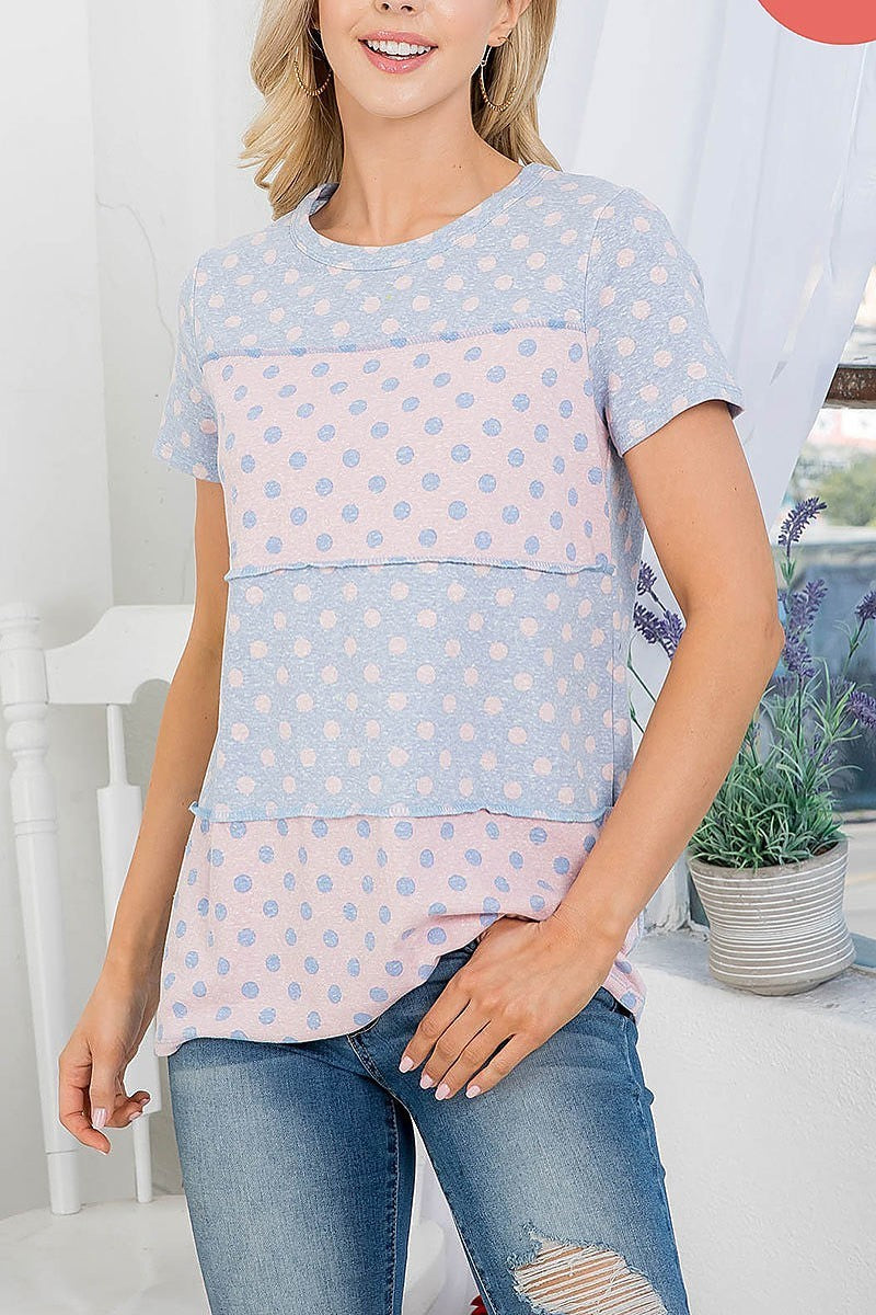 Short sleeve reversed cover stitch polka dot top (EF3930)