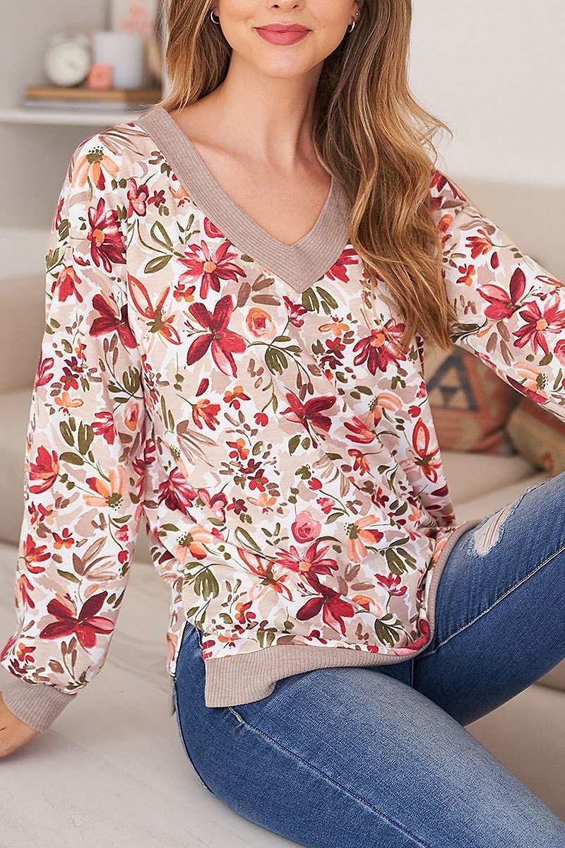 Front n back v neck bella rib band floral top (EF2268)