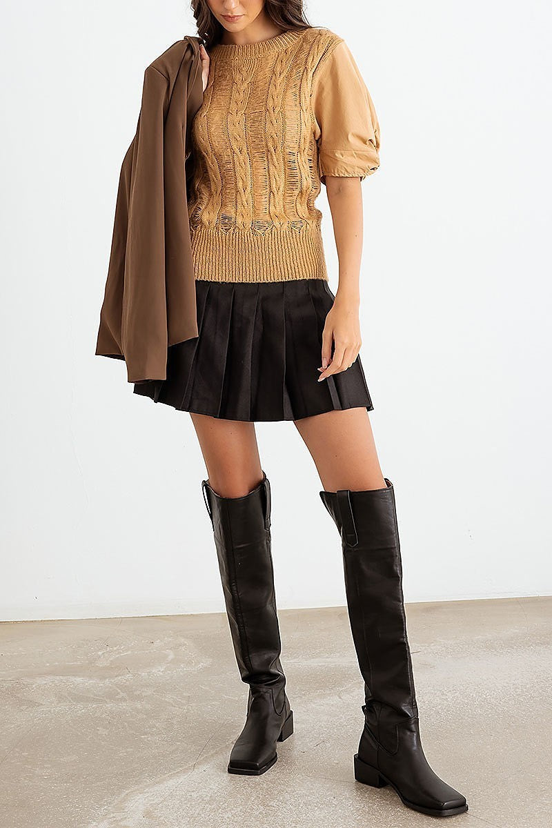 Distressed cable puff sleeve top (TED2229)