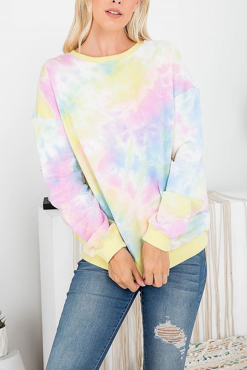 Round neck tie dye ribbe knit band top (EF2127)