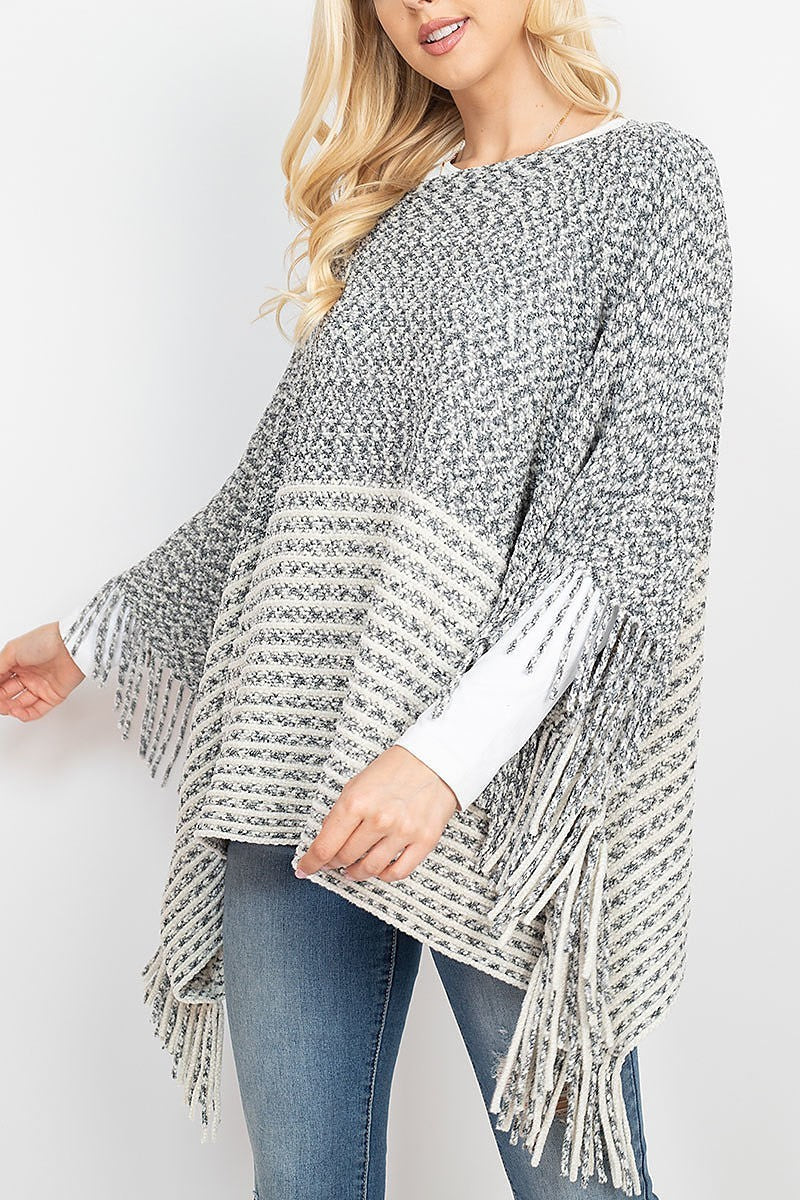 Knitted two tone striped fringe poncho (DGS5279)