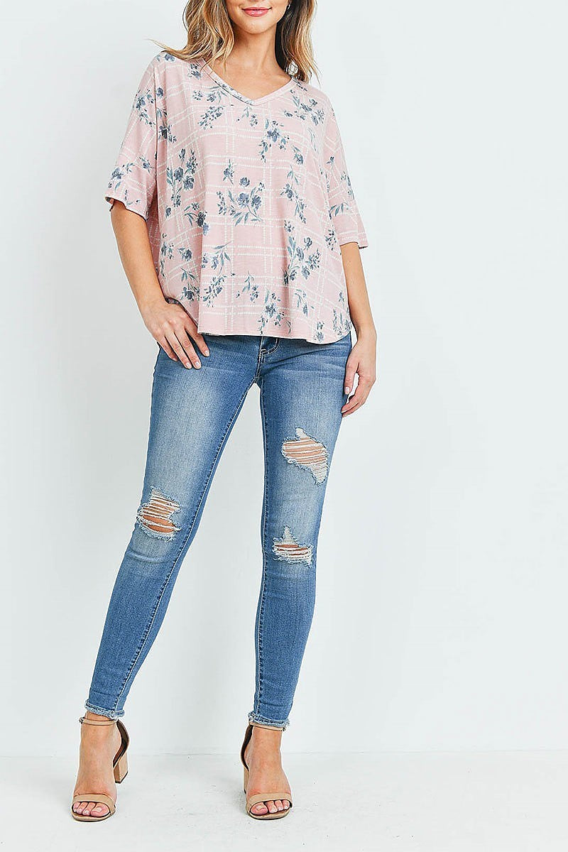 V neck floral plaid print top (ED9272)