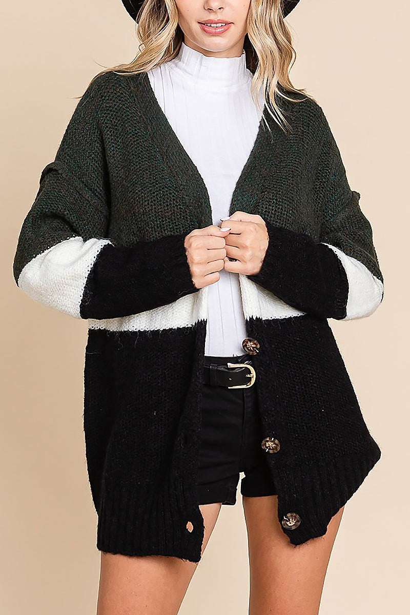 Color blocked sweater open button front cardigan (EDH1856)