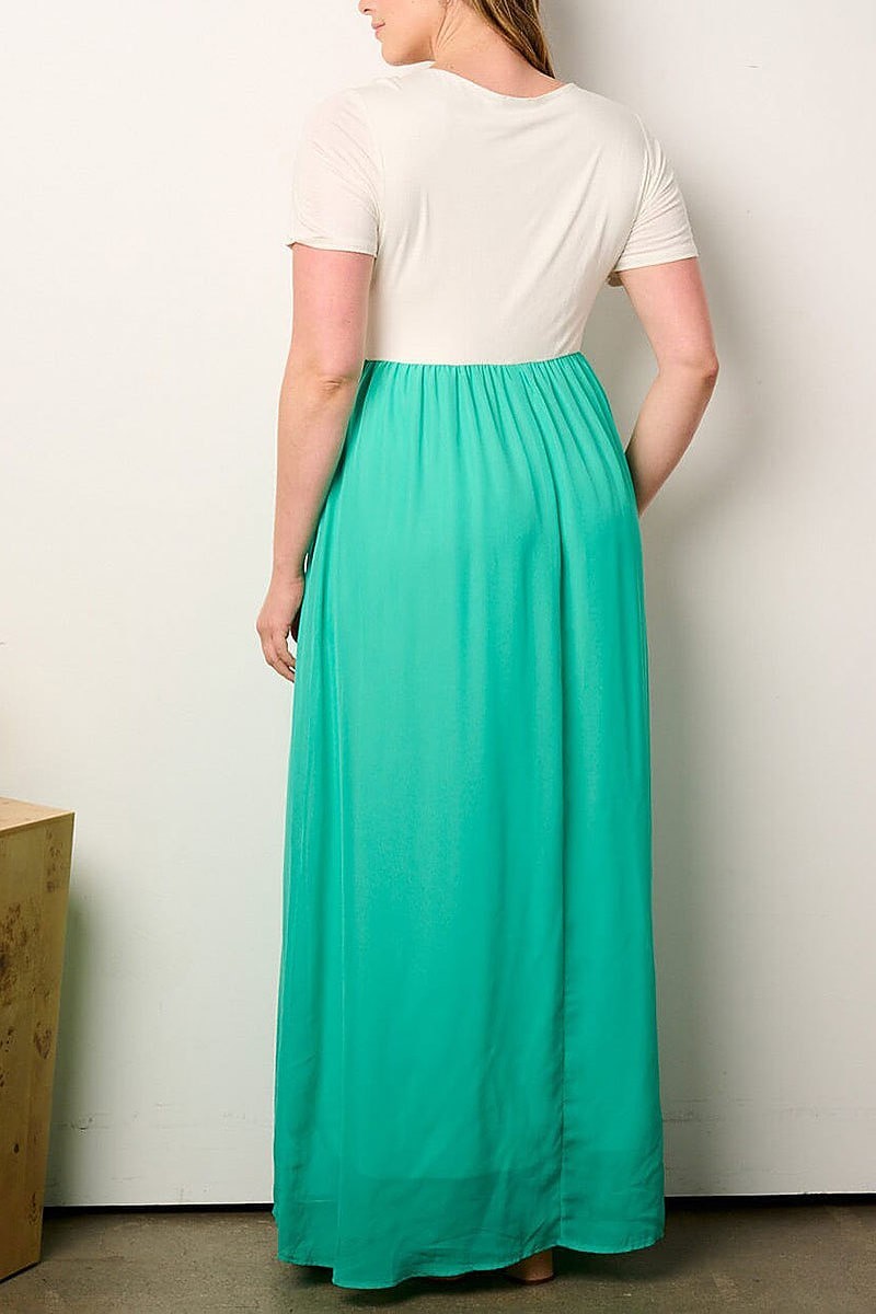 Short sleeve elastic waist colorblock maxi dress (EFWT9120)