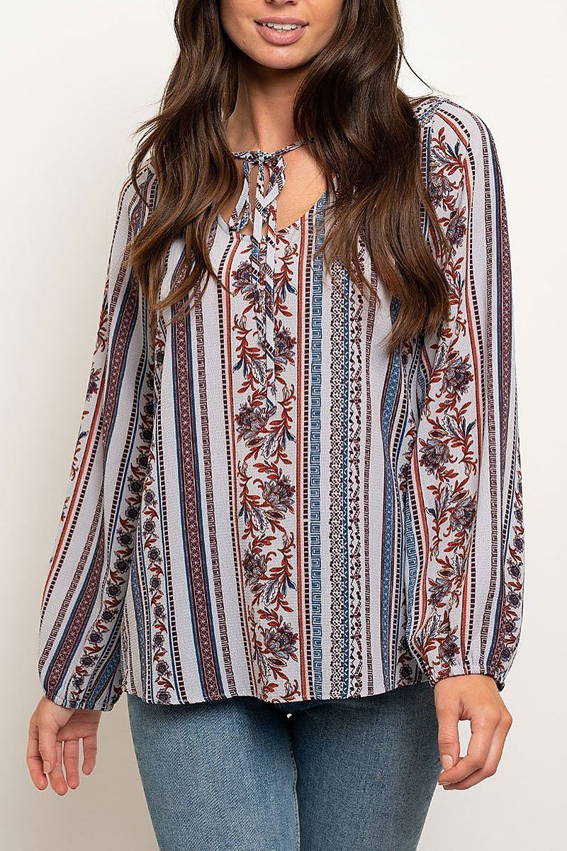 Boho print bubble sleeve top (EDWT2721)