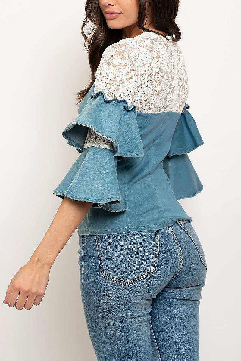 Lace trim ruffle denim top (EDWT2461)