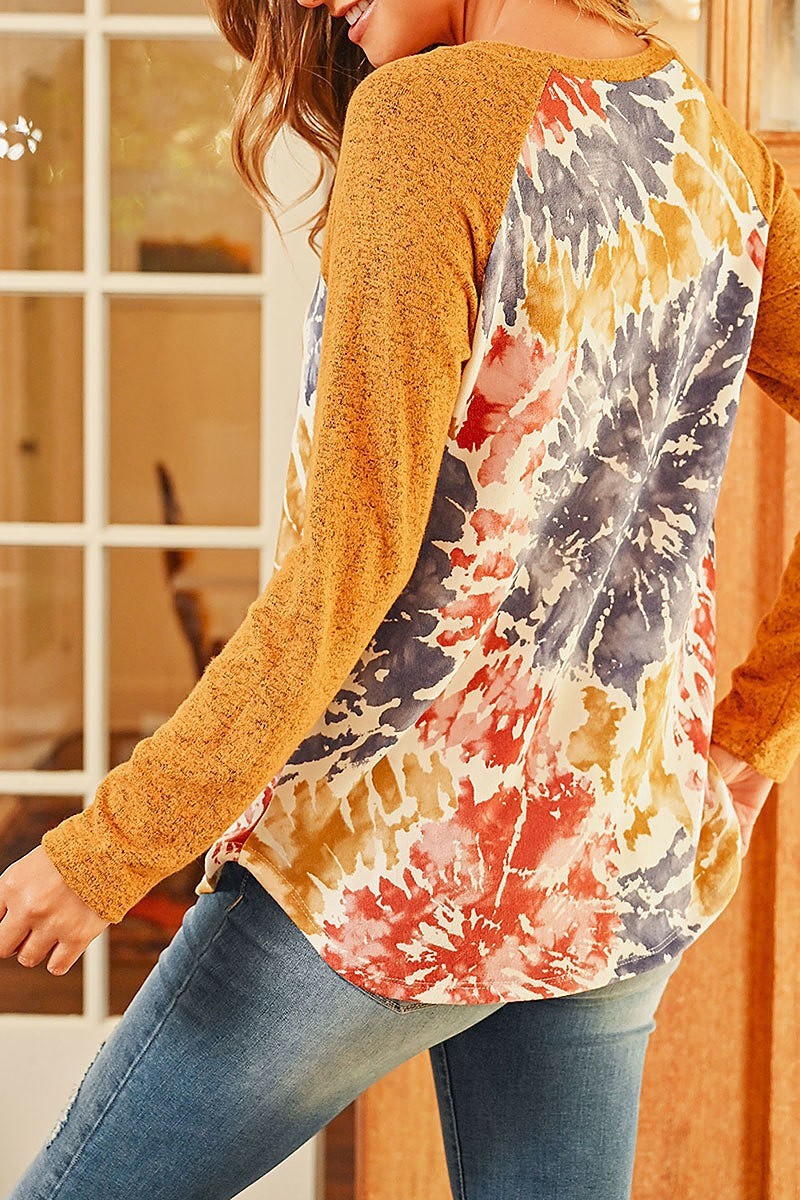 Brushed long sleeved tie dye round hem top (ED8196)