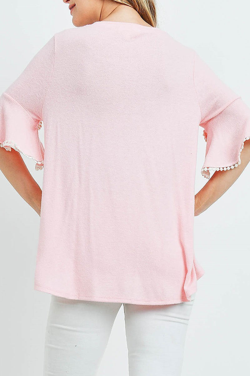 Pompom bell sleeves brushed top (ED9773)