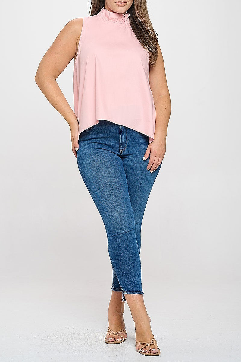 Plus size sleeveless ruffle neck solid top (XDG8259)