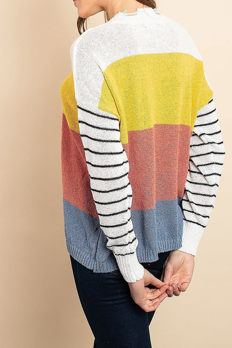 Distressed neck stripe color block sweater (DGS4973)