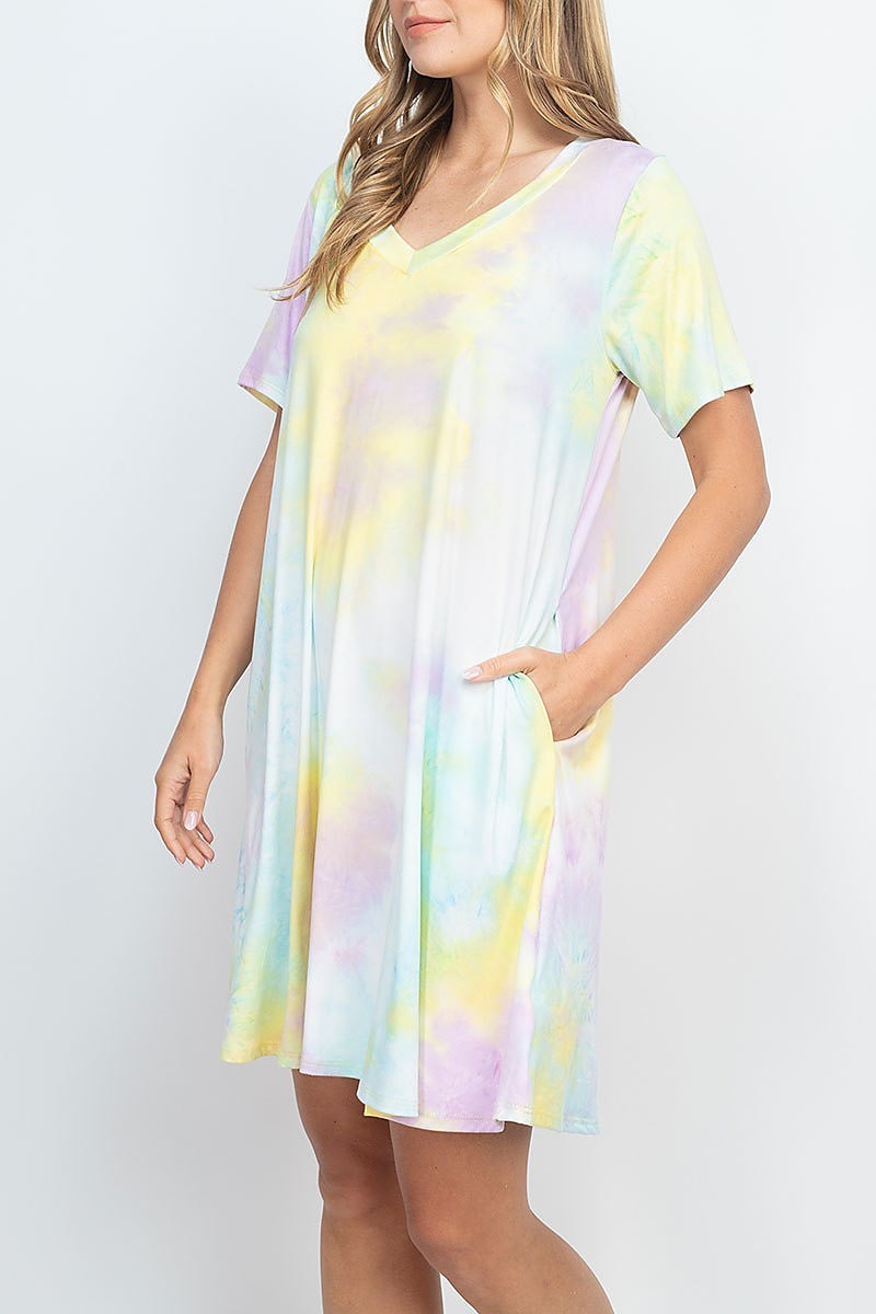 Tie dye v neck pocket swing dress (DED6476)