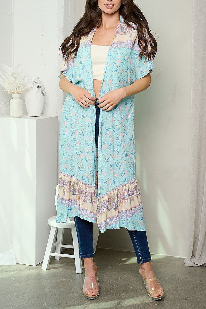 Short sleeve ruffle floral cardigan (EDWT9932)