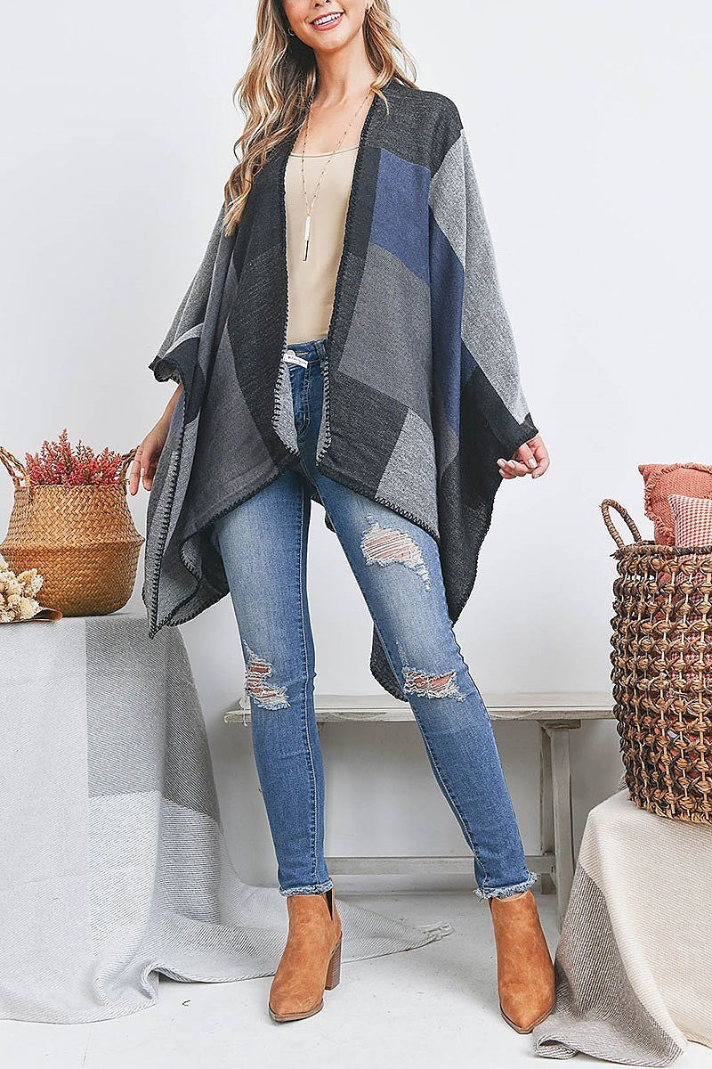 Open front geometric rectangel print ruana wrap kimono (DGS5508)