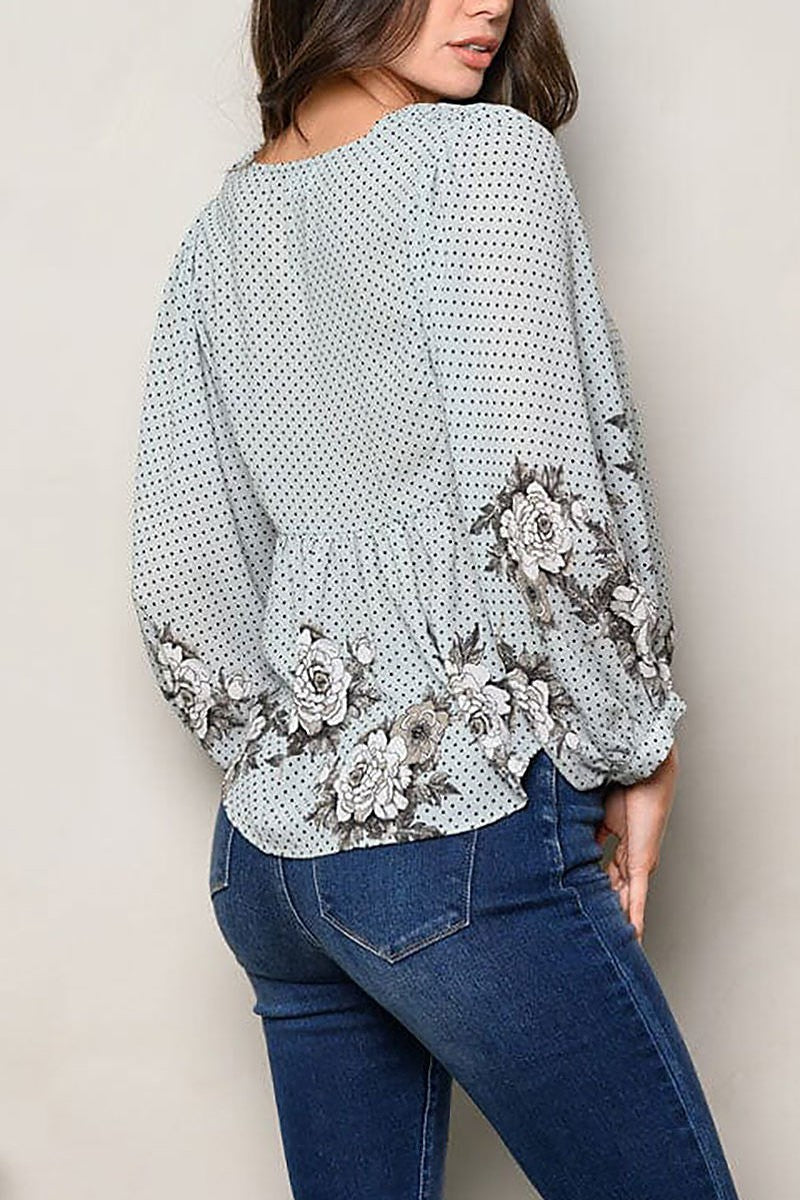 Long sleeve v neck peplum floral top (EDWT9711)