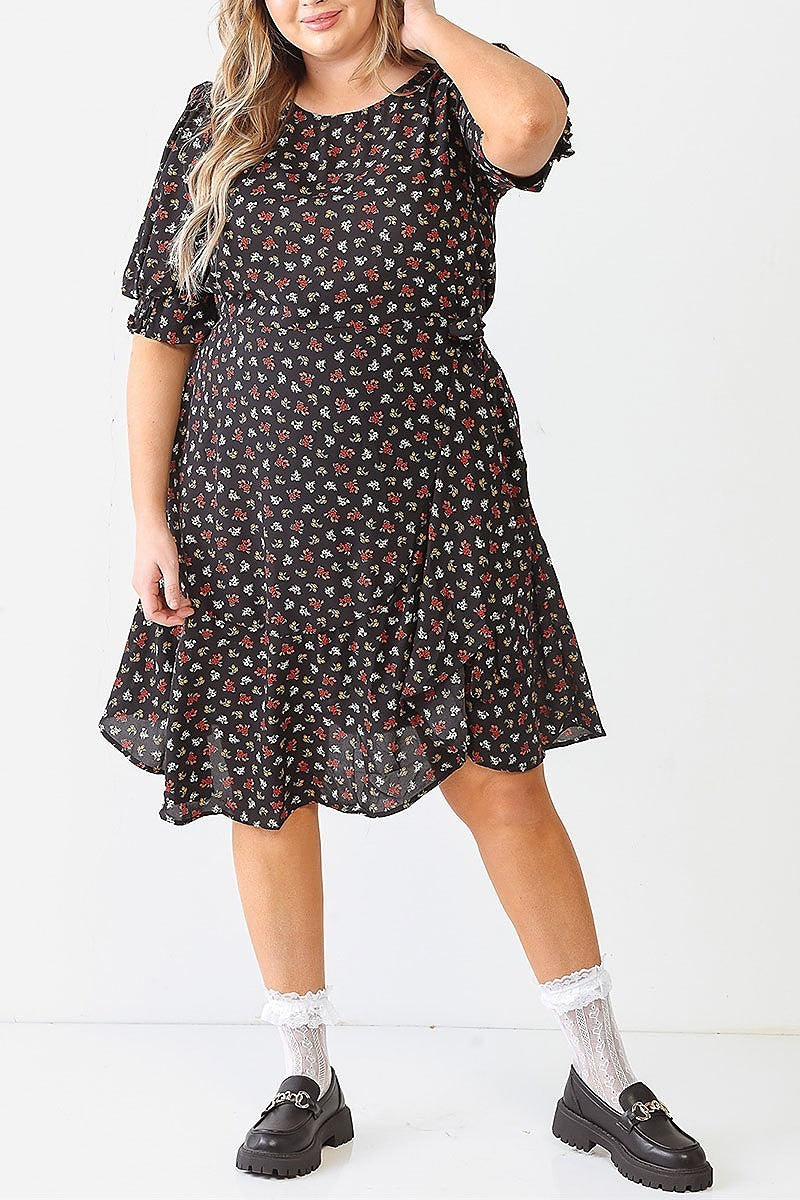 Floral print puff sleeve falre dress (TED1549)