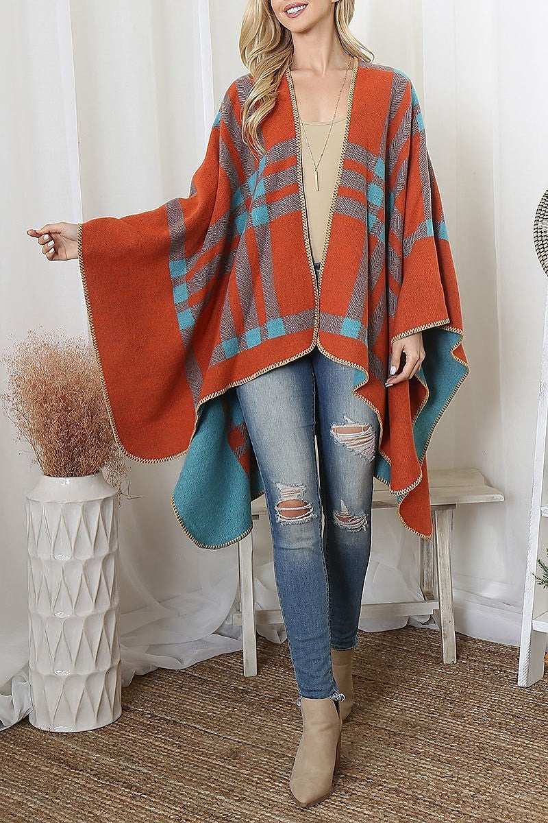 Plaid knit warmer open front kimono (DGS6093)