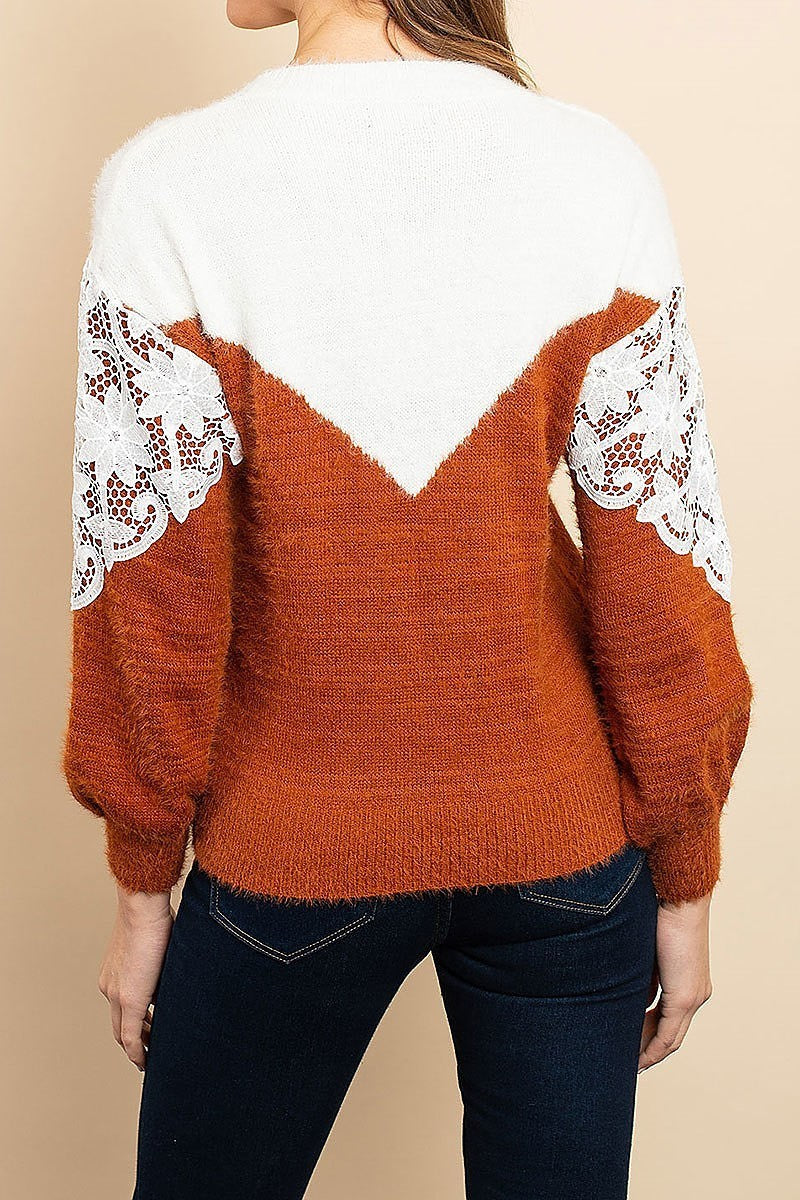 Lace trimmed color block fuzzy soft sweater (DGS4972)