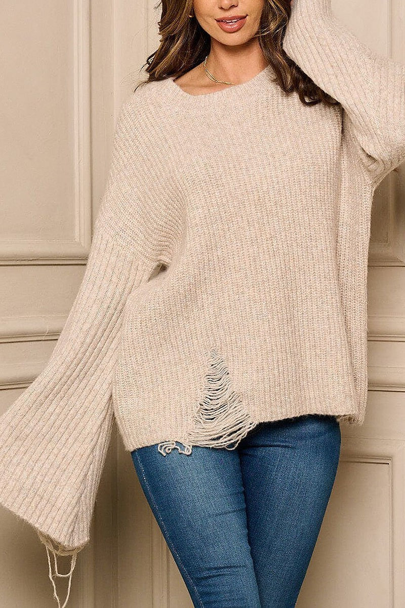 Long bell sleeve distress detailed sweater (EFWT5107)