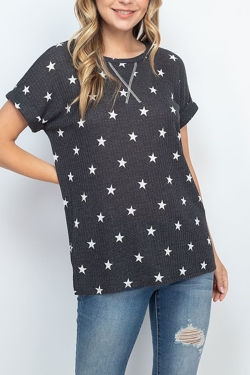 Knit rolled sleeve star print top (EF1862)