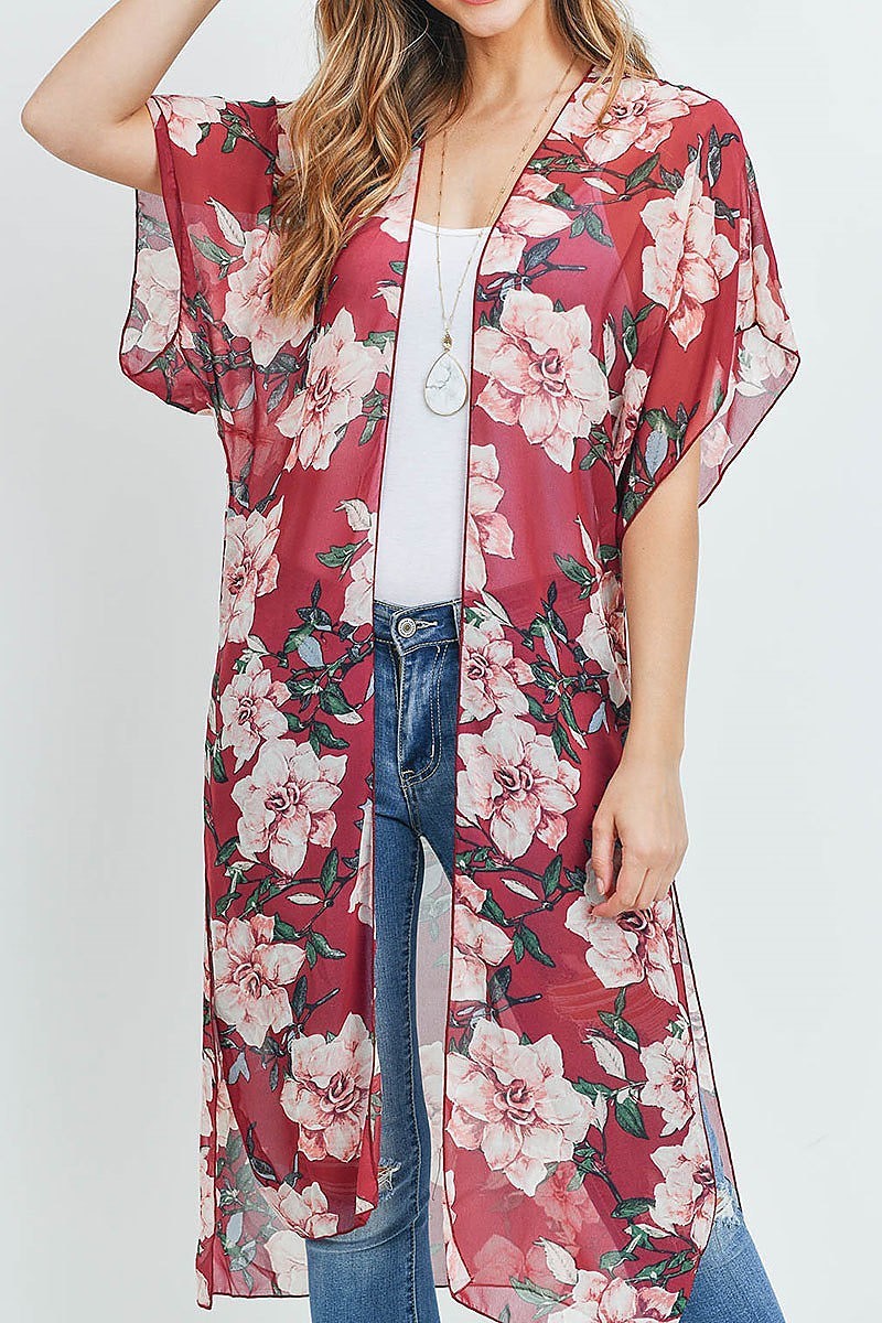 Short sleeve floral print slit hem kimono (ED8867-1)