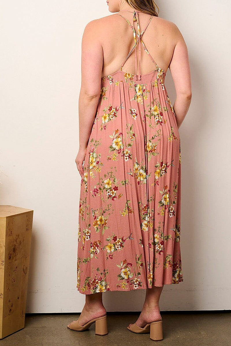 Sleeveless v-neck open back floral maxi dress (EFWT9033)