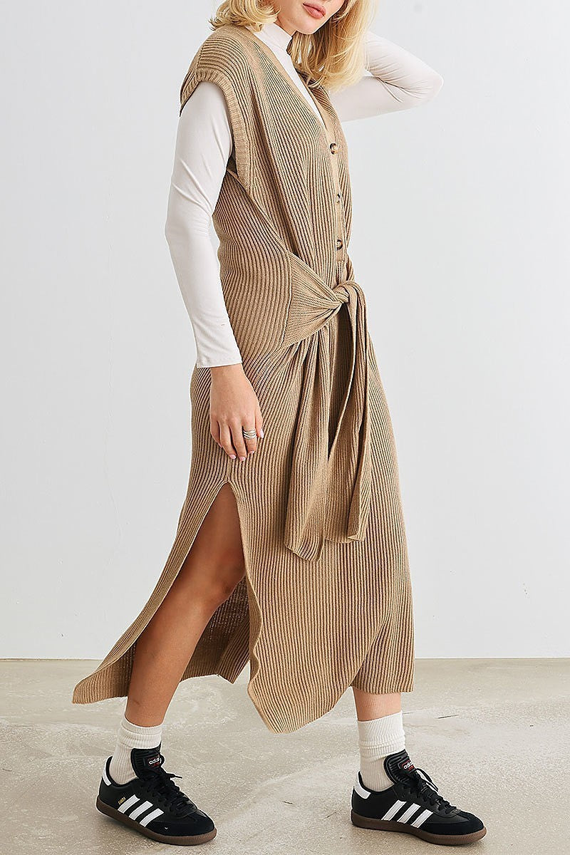 Knit button up belted midi sweater dress (TED1982)