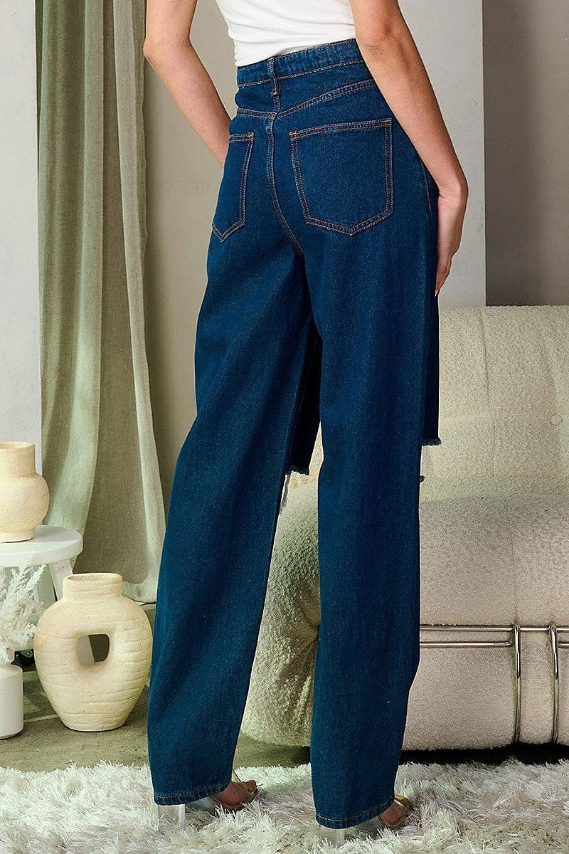 Button closure distress wide leg denim pants (EFWT9317)