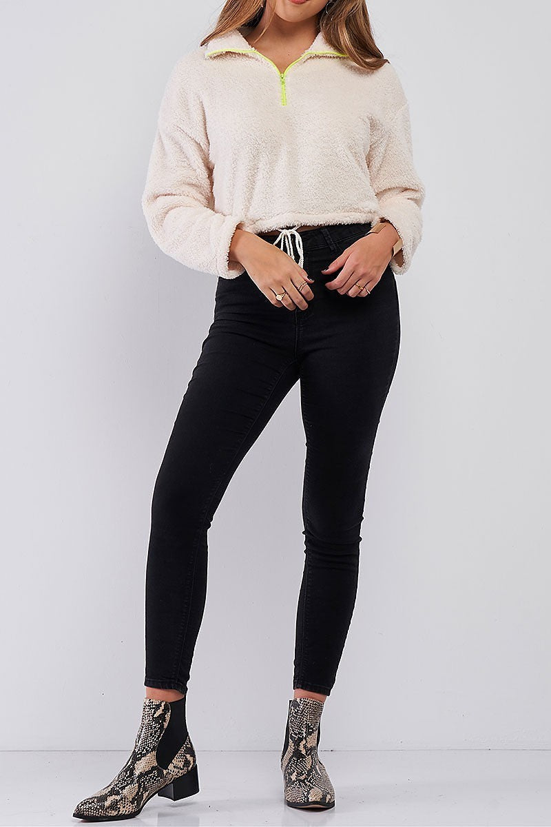 Neon zipper waist tie crop sherpa sweater (TDG7742)