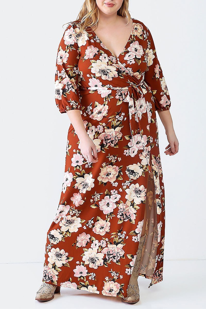 Waist tie wrap front floral print maxi dress (TED1612)